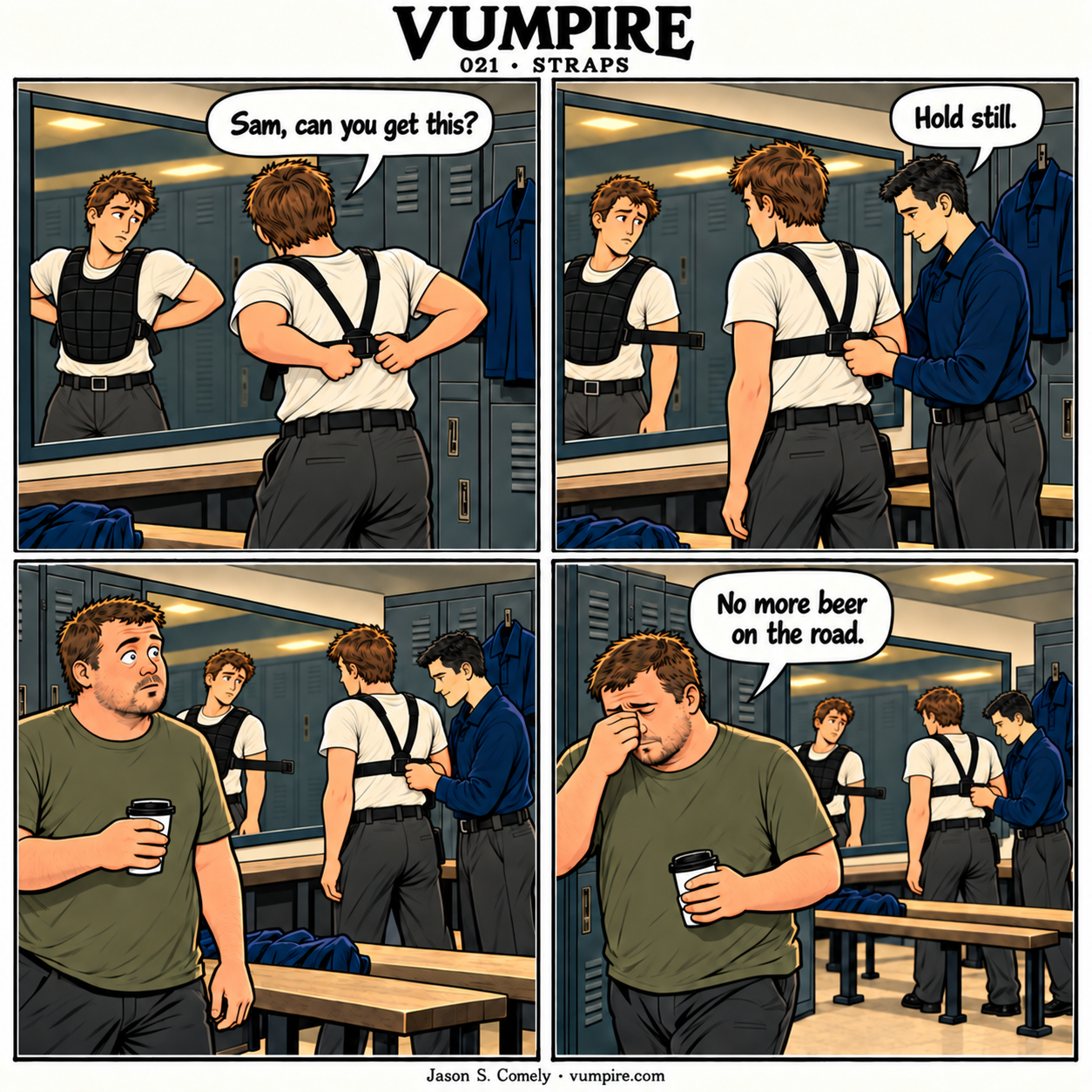 VUMPIRE 021: Straps. Four-panel comic. A complete transcript follows below.