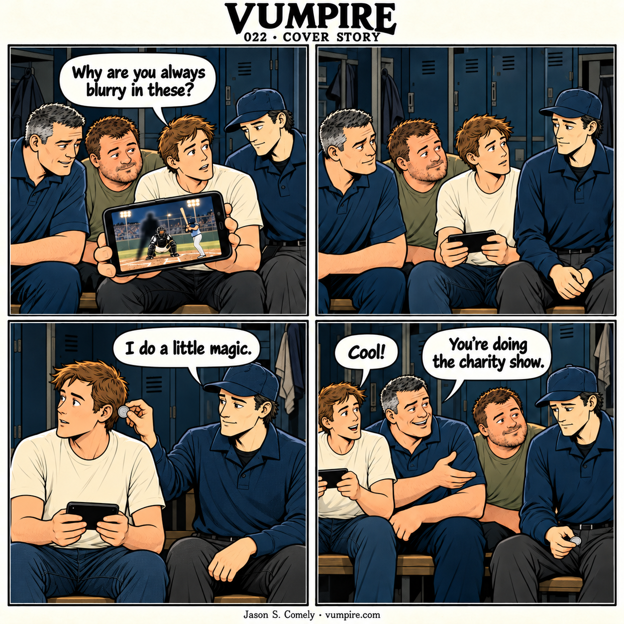 VUMPIRE 022: Cover Story. Four-panel comic. A complete transcript follows below.
