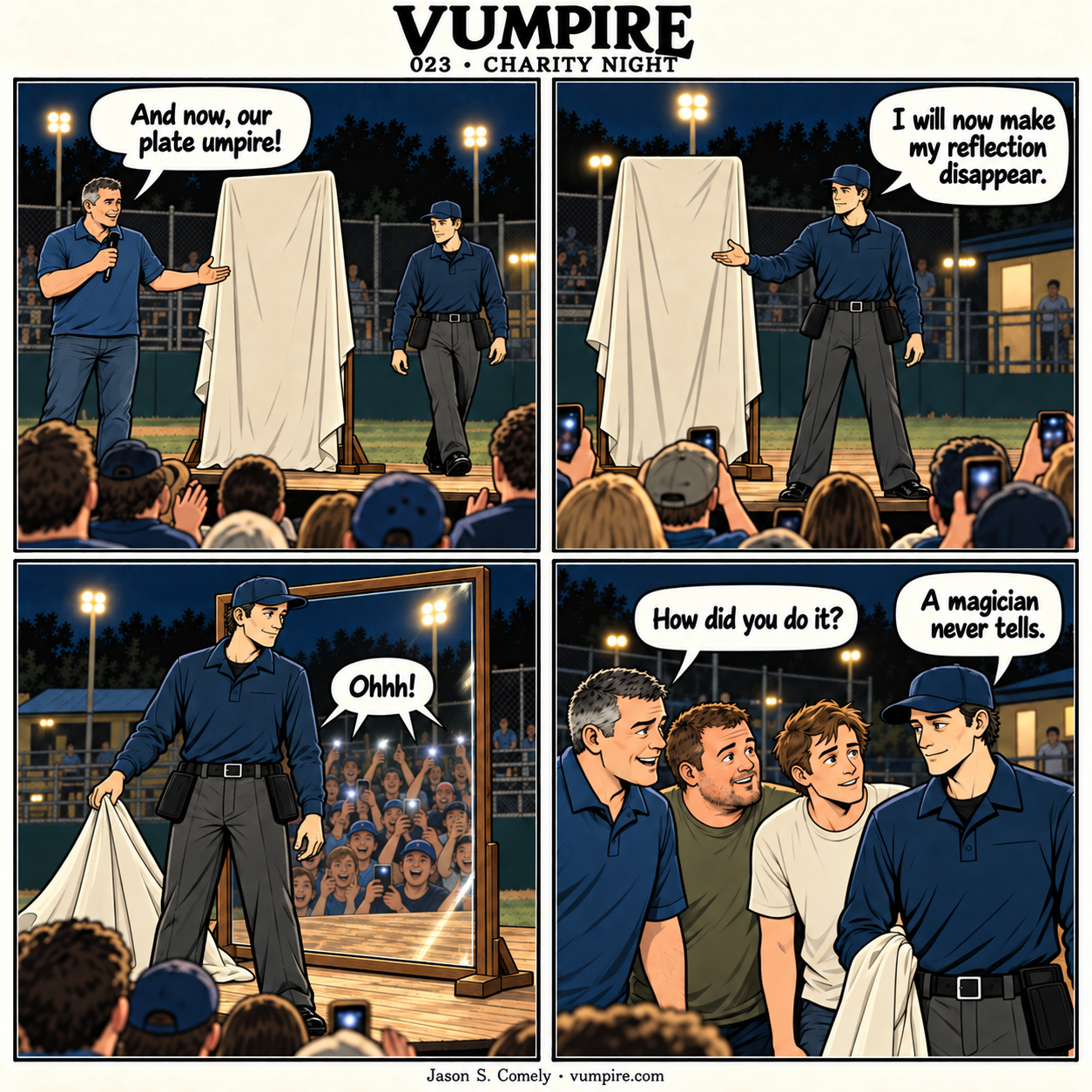VUMPIRE 023: Charity Night. Four-panel comic. A complete transcript follows below.